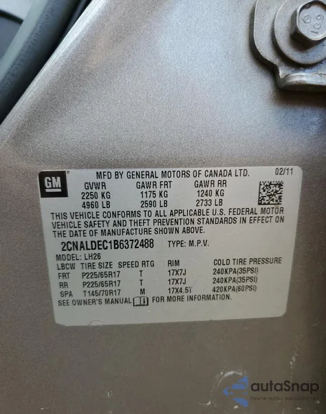 2011 Chevrolet Equinox Lt из США, поврежденный, VIN 2CNALDEC1B6372488